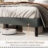 Queen size upholstered bed frame in dark gray with 6 inches of under-bed storage for easy cleaning access.