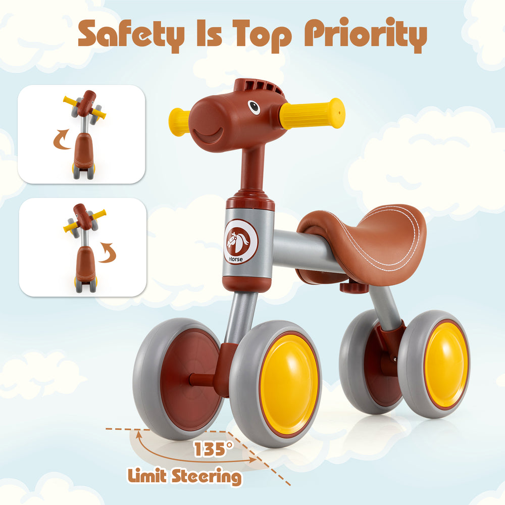 Baby balance bike in brown with 135° limit steering, EVA foam wheels, and cute horse head design for toddlers.