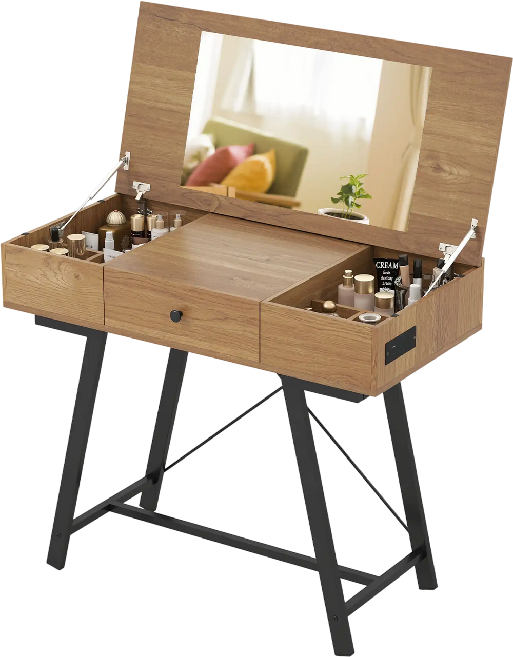 Vanity desk with flip top mirror in rustic brown, featuring storage compartments and a sturdy metal frame for bedroom.