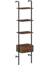 5-tier ladder bookcase in rustic brown with a pull-out drawer and metal frame, ideal for home office or study storage.