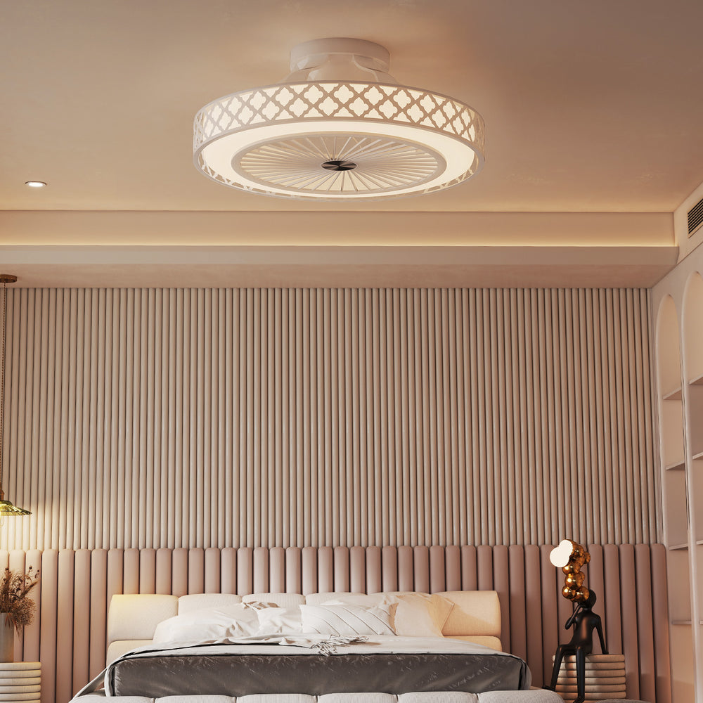 19-inch white ceiling fan with light, low-profile design, adjustable brightness, ideal for rooms up to 215 sq.ft.