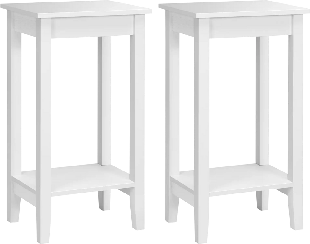 Set of 2 white end tables featuring a 2-tier design and solid wood legs, perfect for bedside or sofa side storage.