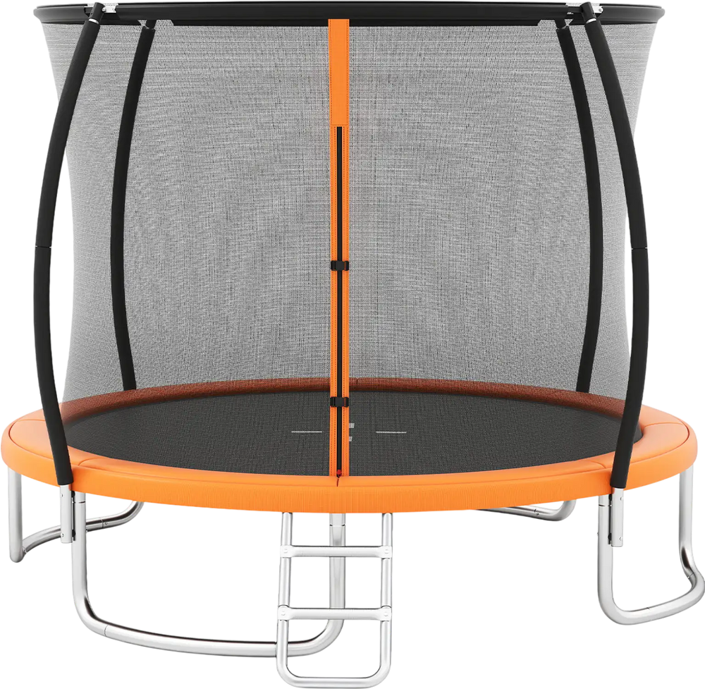 12FT outdoor trampoline with safety enclosure net, curved poles, and galvanized steel frame for stable bouncing fun.
