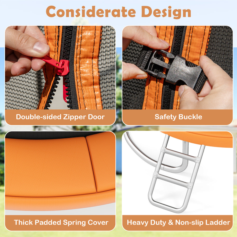 Close-up of the heavy-duty trampoline's safety buckle and double-sided zipper door for secure use and easy access.