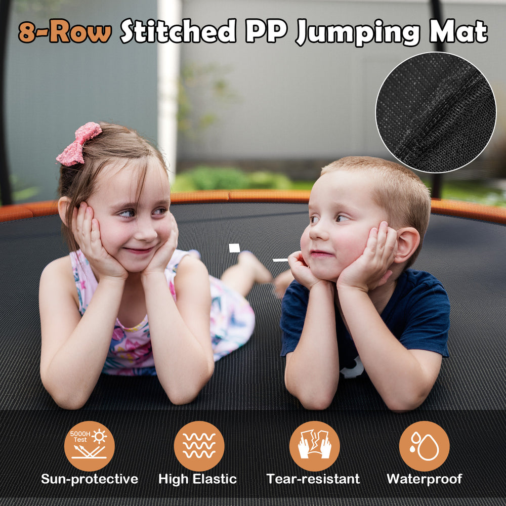 Close-up of the 12FT outdoor trampoline jumping mat, featuring 8-row stitched PP material for high elasticity and tear.