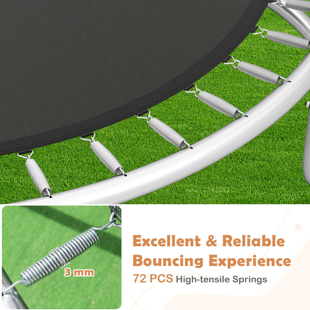 Close-up of 12FT outdoor trampoline's high-tensile springs and safety enclosure net for reliable bouncing experience.