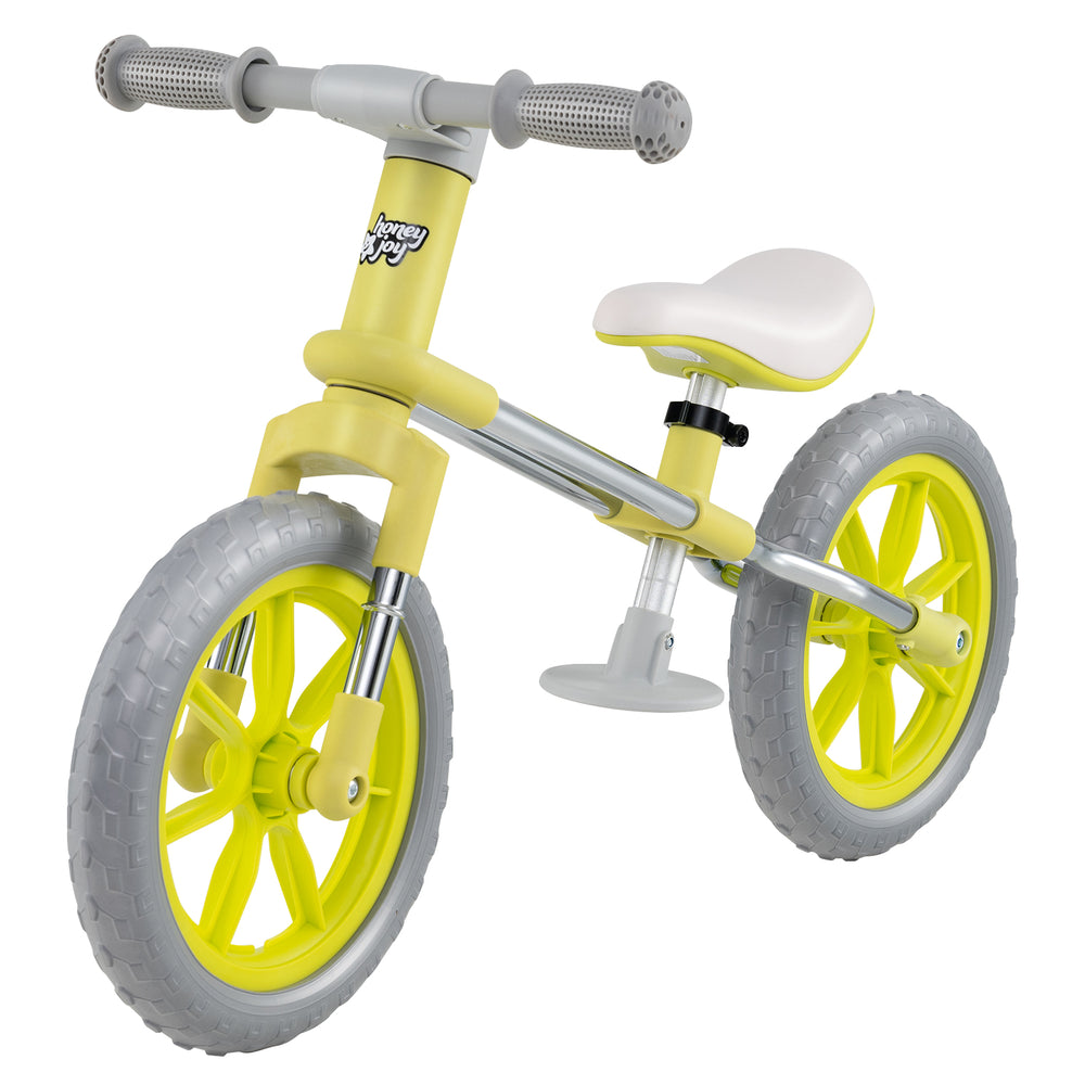 12-inch balance bike in green with adjustable seat, rotatable handlebar, and EVA foam tires for kids' outdoor fun.