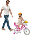 Kids bike with training wheels, pink color, adjustable seat, and dual brake system for safe riding. Ideal for ages 3-4.