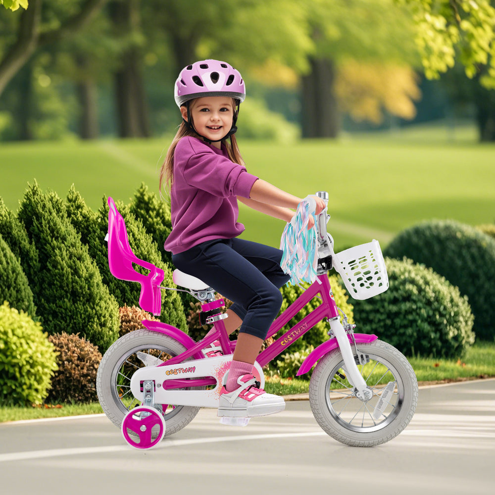 Kids bike with 12-inch wheels, training wheels, and dual brake system, perfect for 3-4 years old, in vibrant pink.