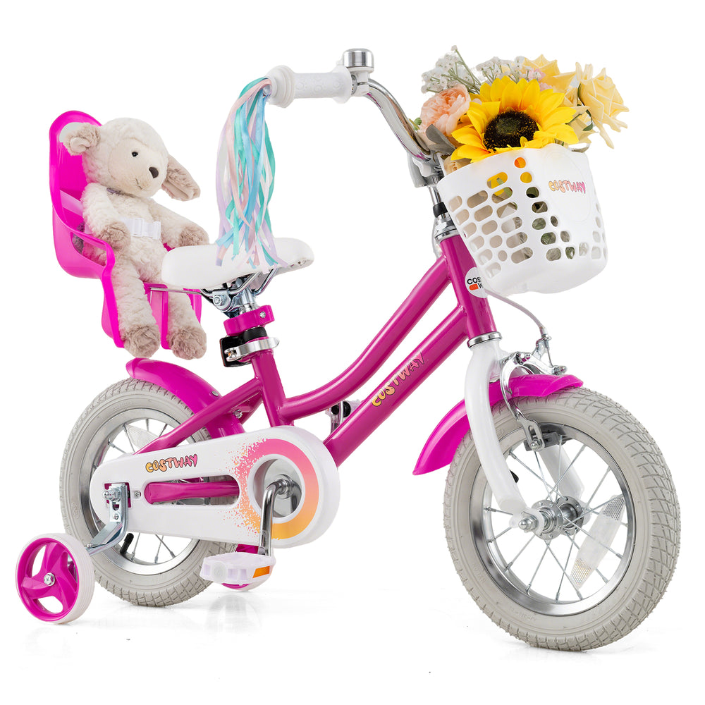 Kids bike featuring a front basket with flowers and a plush toy, designed for children aged 3-4 years, in vibrant pink.