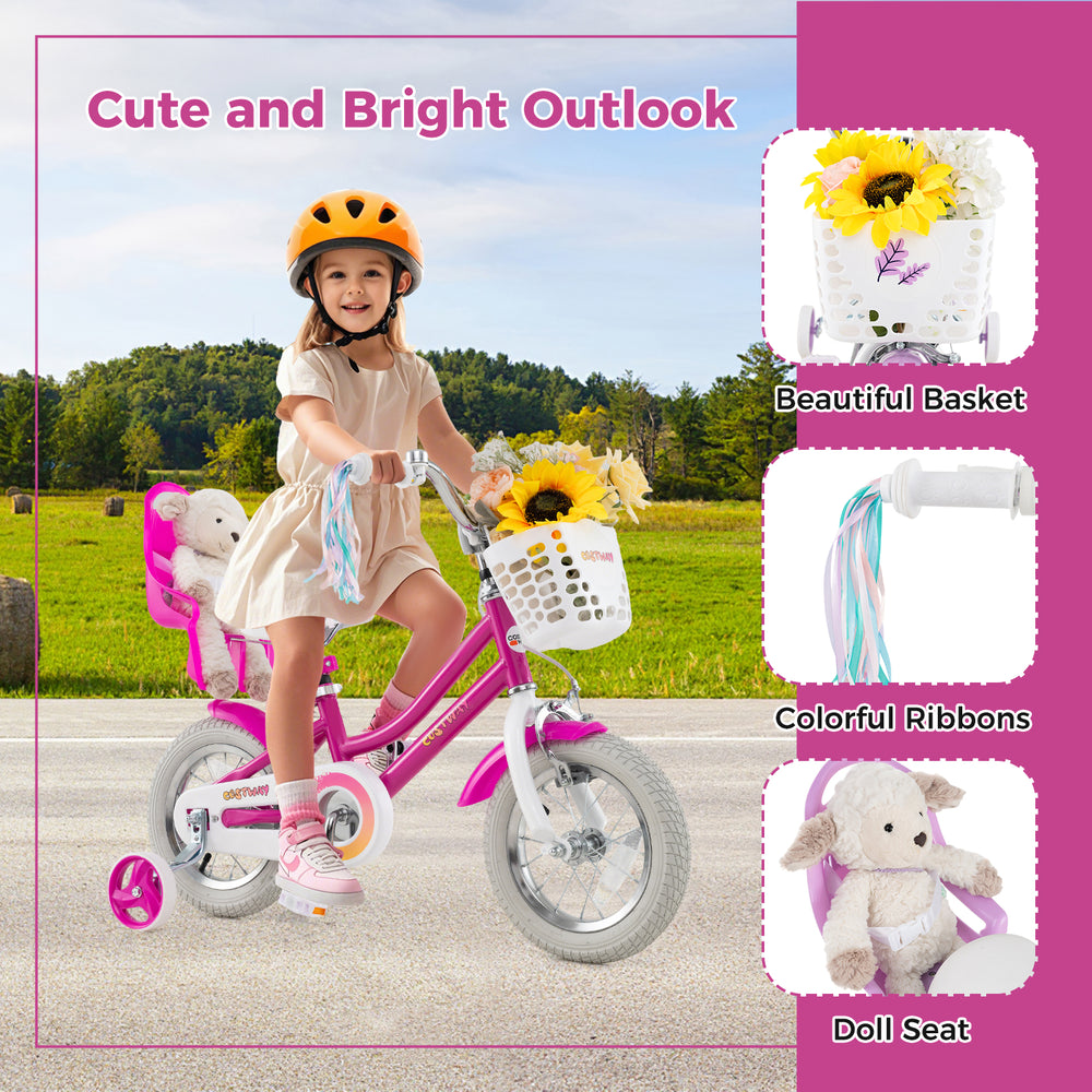 Kids bike with 12-inch wheels, training wheels, and colorful ribbons, perfect for children aged 3-4 years.