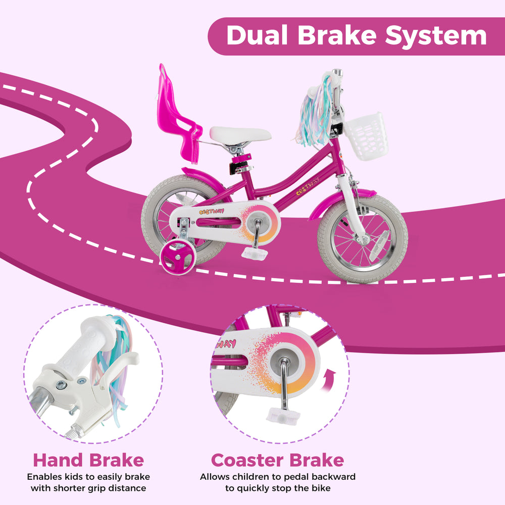 Kids bike with 12-inch wheels, dual brake system, and training wheels, perfect for 3-4 years old, in vibrant pink.