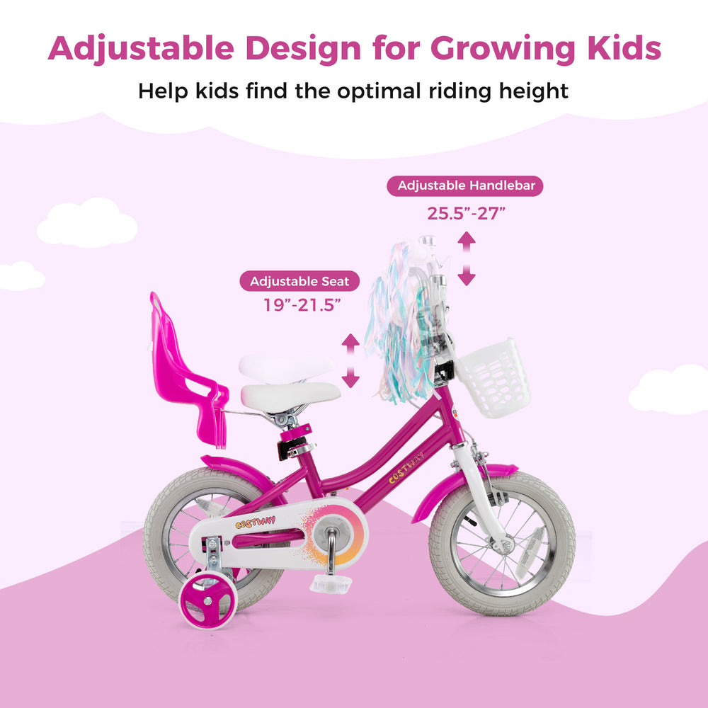 Kids bike with adjustable seat and handlebar, training wheels, and dual brake system for ages 3-4, ideal for safe.