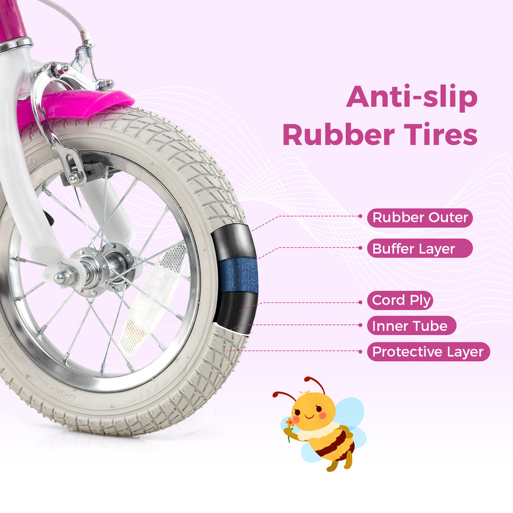 Anti-slip rubber tire of a kids bike featuring a rubber outer, buffer layer, and protective layer for safe riding.