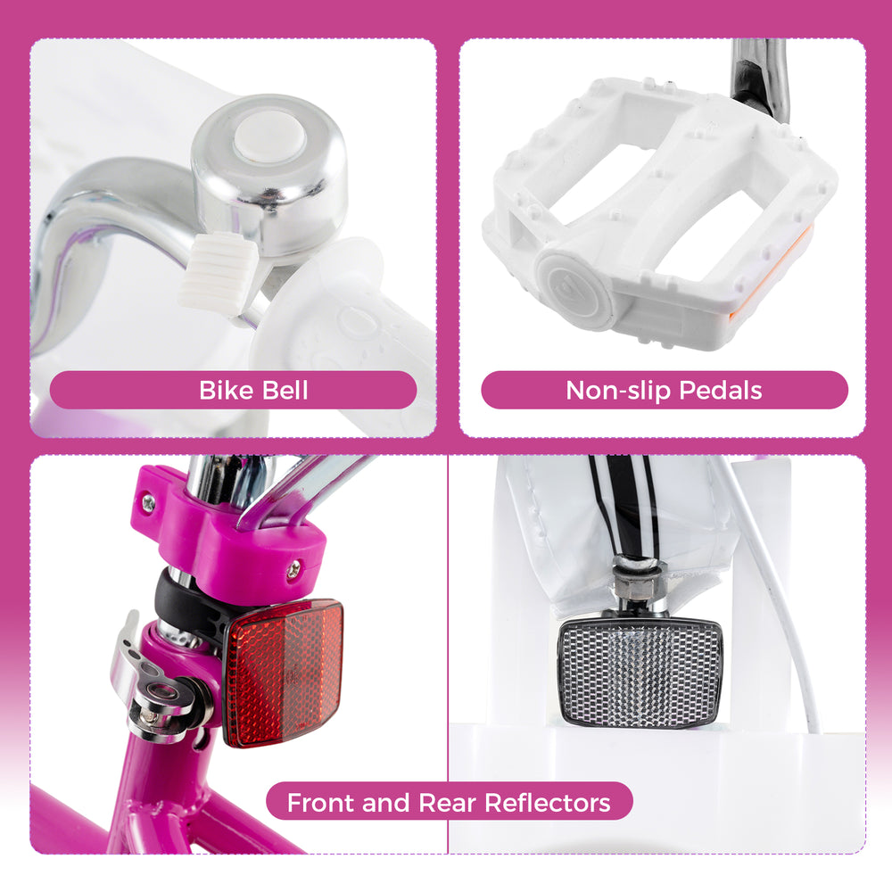 Bike bell, non-slip pedals, and reflectors on a kids bike for enhanced safety and fun riding experience.