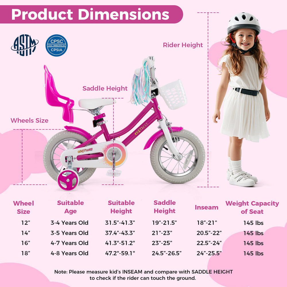 Kids bike with 12-inch wheels, training wheels, and dual brake system, perfect for 3-4 years old riders.