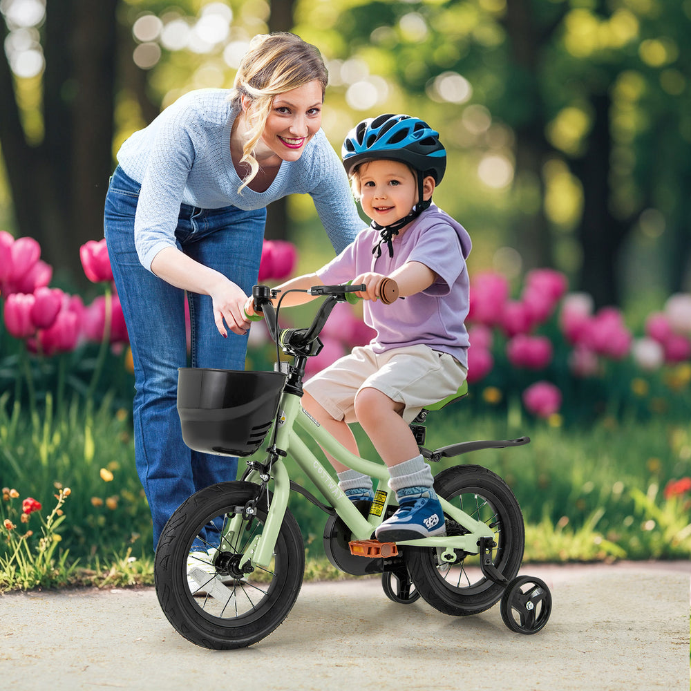 Kids bike with adjustable seat and training wheels, featuring a dual brake system and sturdy metal frame for safety.