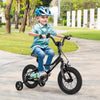 Kids bike with adjustable saddle and training wheels, featuring a low-step frame and hand brake for safety.