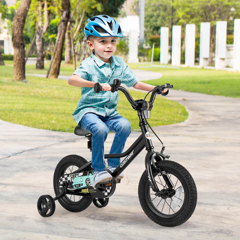 Kids bike with adjustable saddle and training wheels, featuring a low-step frame and hand brake for safety.