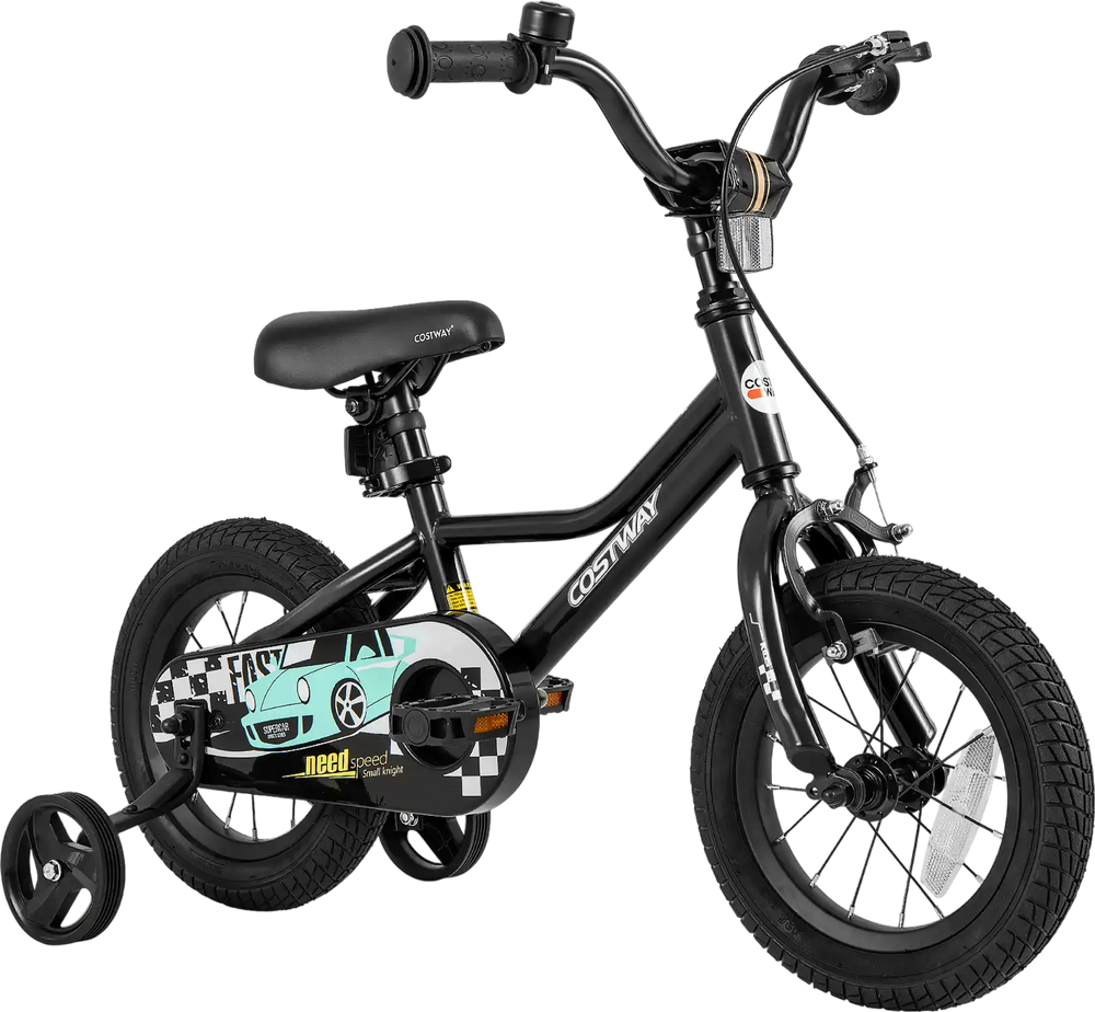 12-inch kids bike with adjustable saddle, hand brake, and removable training wheels for ages 3-4, designed for safety.