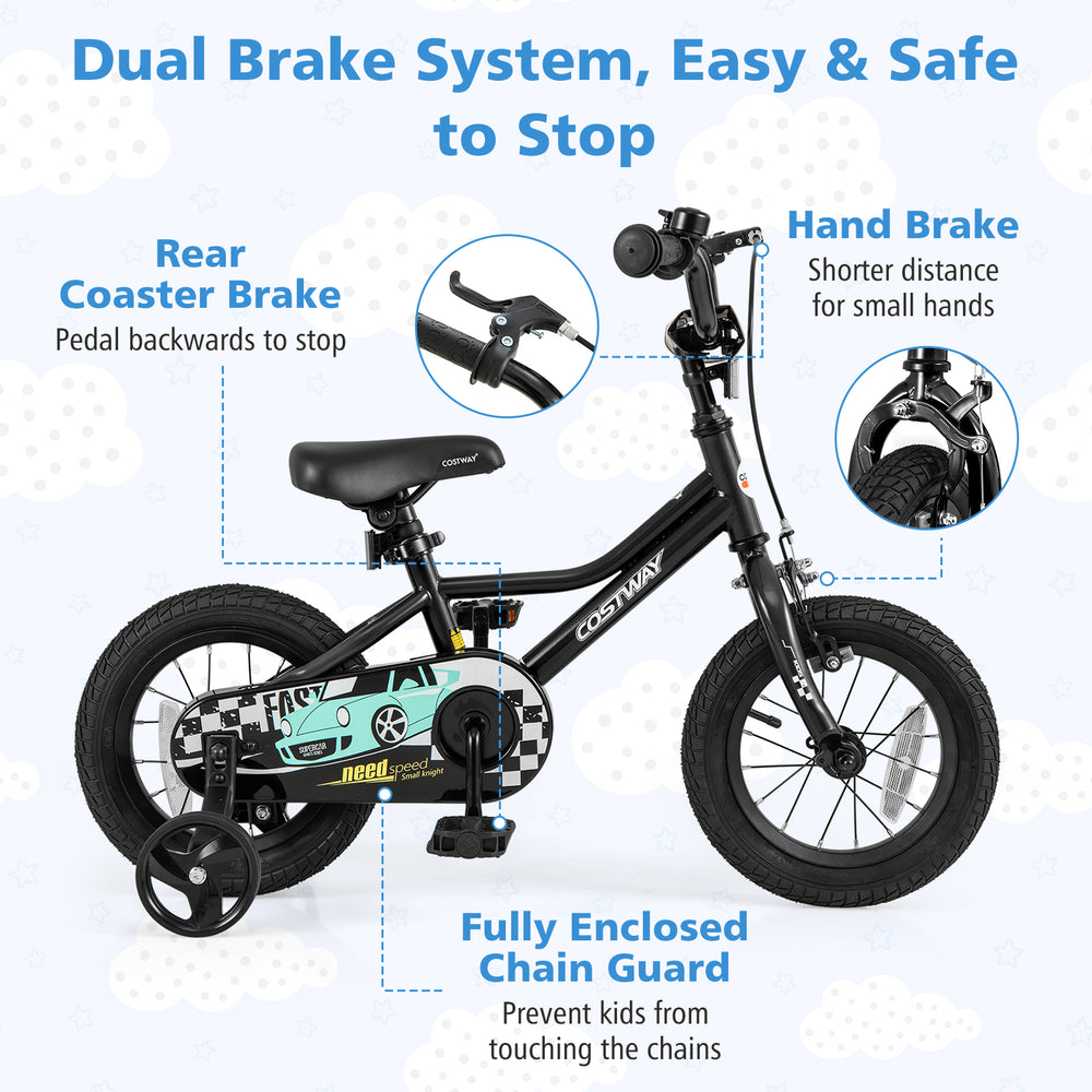 12-inch kids bike with adjustable seat, hand brake, and training wheels for safe riding and easy stopping.