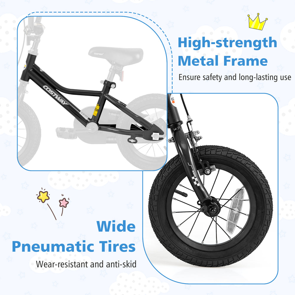 High-strength metal frame and wide pneumatic tires for the 12-inch kids bike, ensuring safety and stability for young.