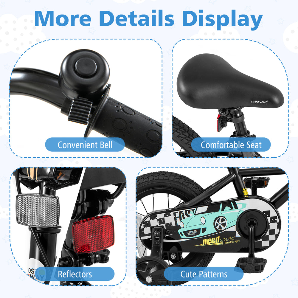 Adjustable kids bike features a comfortable seat, convenient bell, reflectors, and cute patterns for safe riding.