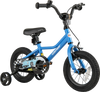 Blue 12-inch kids bike with removable training wheels, adjustable saddle, and hand brake for ages 3-4 years old.