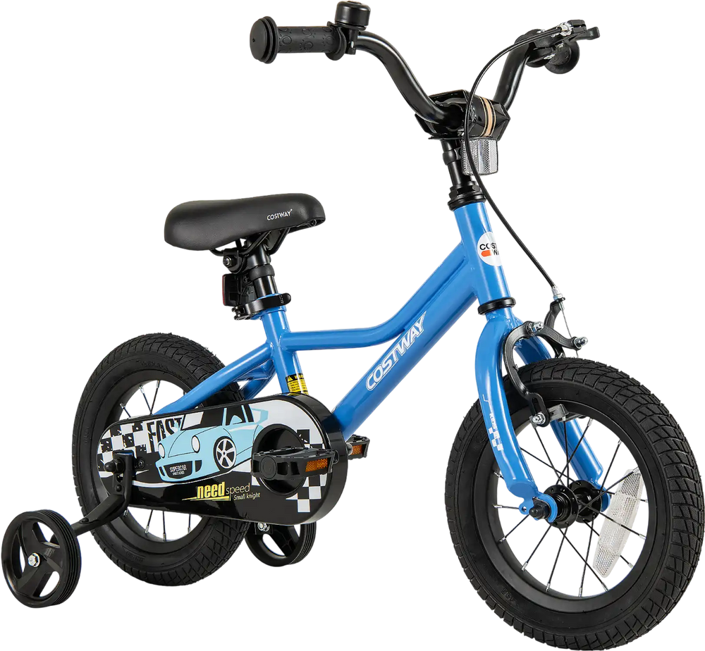 Blue 12-inch kids bike with removable training wheels, adjustable saddle, and hand brake for ages 3-4 years old.