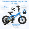 12-inch kids bike in blue with removable training wheels, hand brake, and enclosed chain guard for safety.