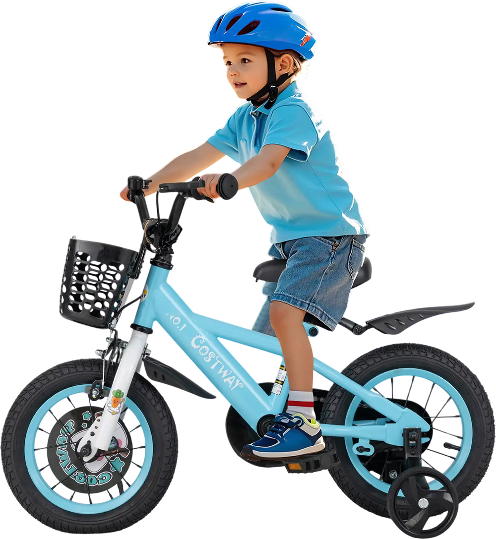 Kids bike with adjustable handlebar and saddle, featuring training wheels and front basket, perfect for ages 3-4 years.