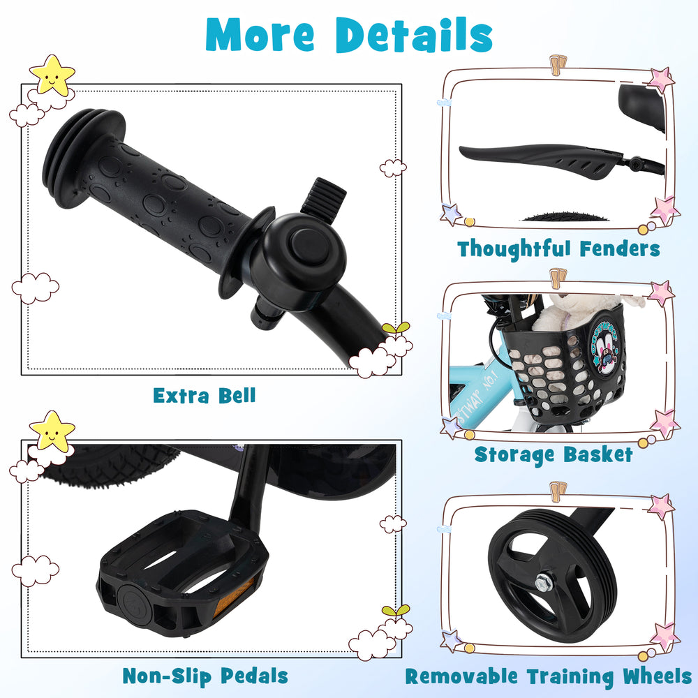Close-up of the 12-inch kids bike's non-slip pedals, adjustable handlebar, and thoughtful fenders for added safety.