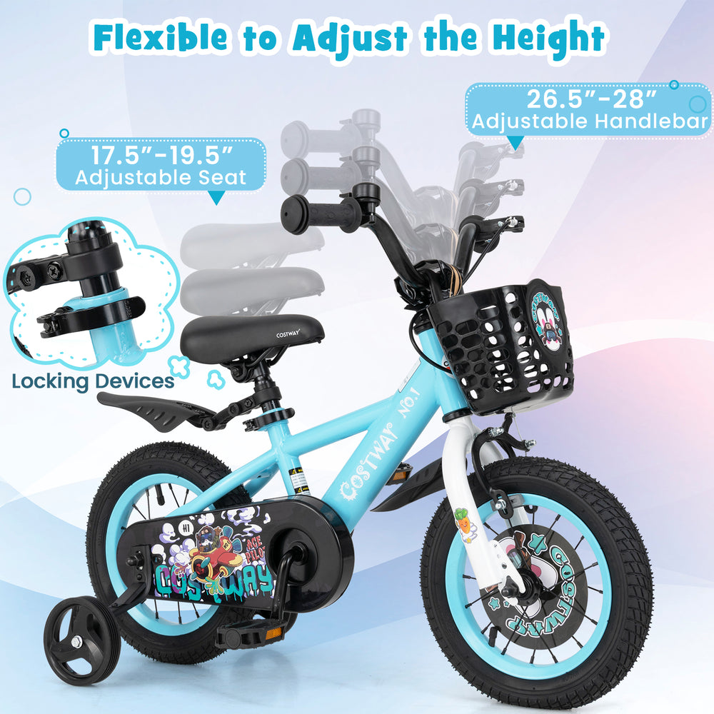 12-inch kids bike with adjustable handlebar and seat, featuring training wheels, hand brake, and front basket for.