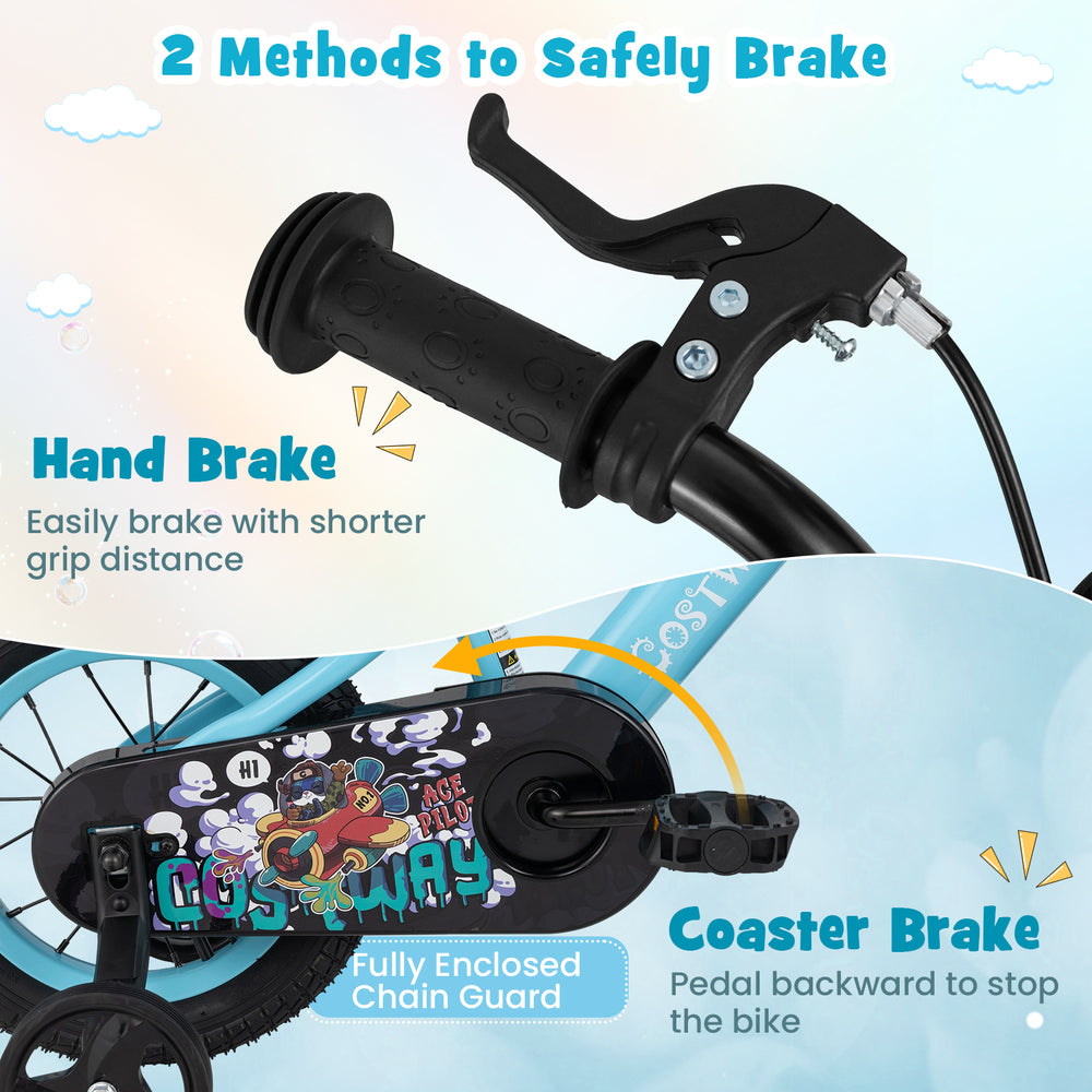 Hand brake and coaster brake details on the 12-inch kids bike, designed for safety and stability for young riders.