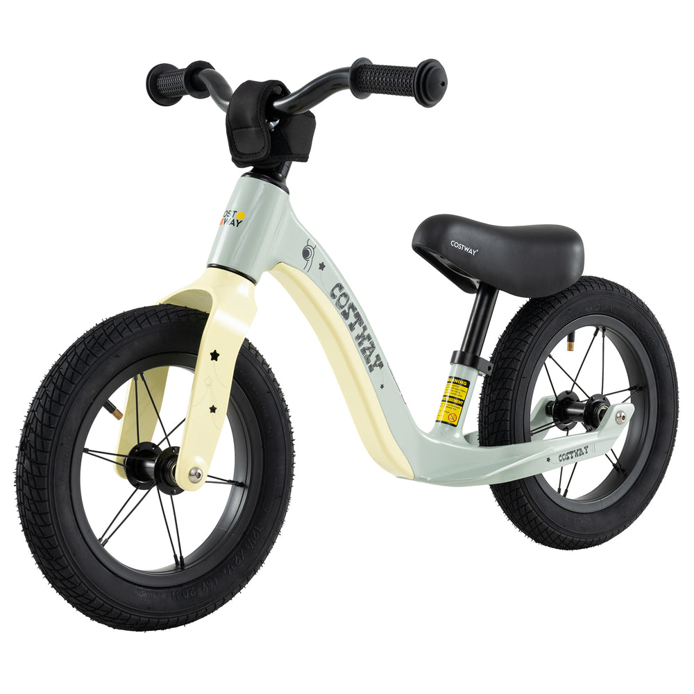 12-inch balance bike in green with adjustable seat, anti-puncture tires, and rotatable handlebar for kids over 36.
