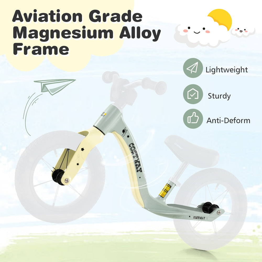 12-inch balance bike in green with magnesium alloy frame, adjustable seat, and rotatable handlebar for kids over 36.