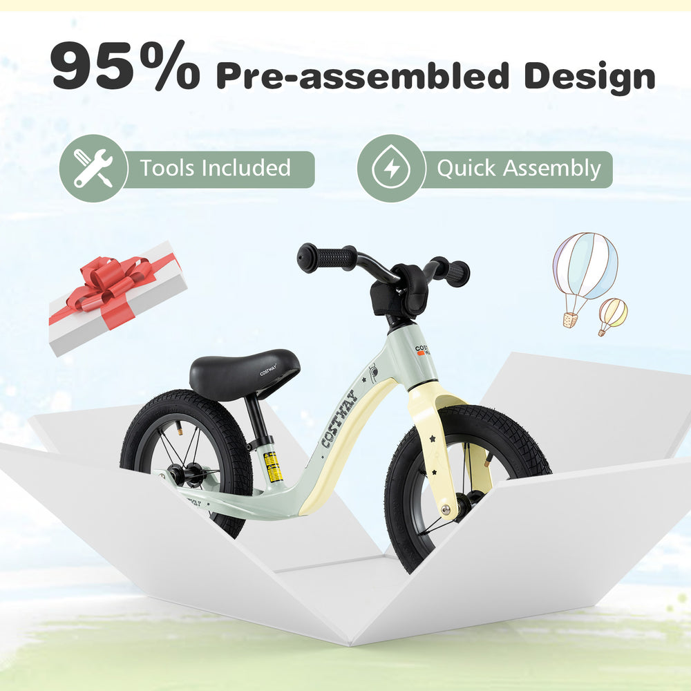12-inch balance bike in green with adjustable seat, rotatable handlebar, and pre-assembled design for kids over 36.