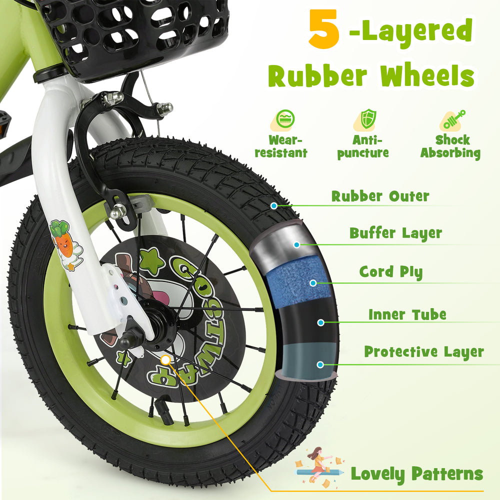 Close-up of the 12-inch kids bike's 5-layered rubber wheels, featuring anti-puncture and shock-absorbing design.
