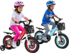 Two kids riding 12-inch adjustable bikes with training wheels and storage baskets, perfect for ages 3-4 years old.