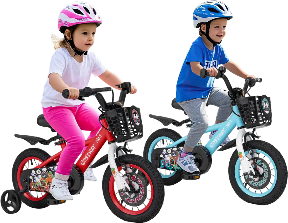 Two kids riding 12-inch adjustable bikes with training wheels and storage baskets, perfect for ages 3-4 years old.