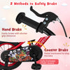 Hand brake and coaster brake detail on a 12-inch kids bike with adjustable features and storage basket for safety.