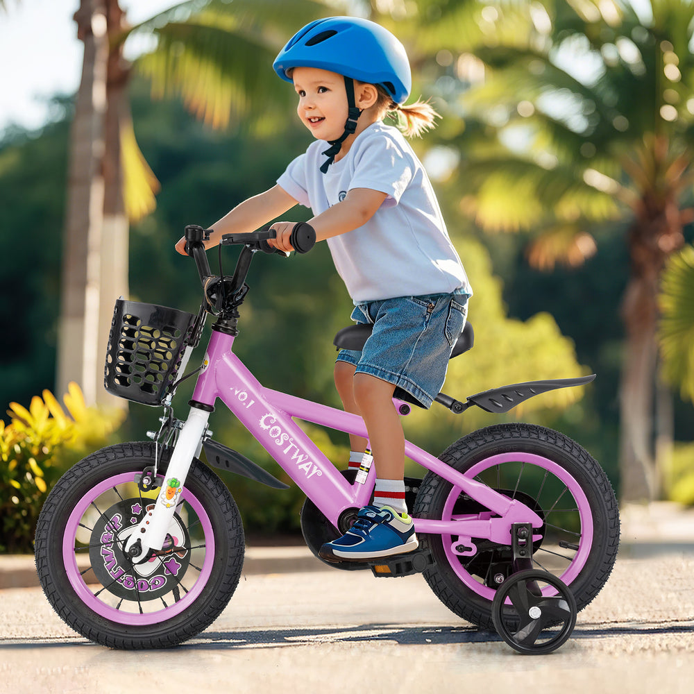 Kids bike in pink with adjustable handlebar, training wheels, and front basket, perfect for 3-4 years old.