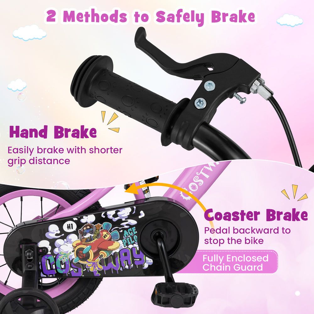 Hand brake and coaster brake details of the 12-inch kids bike, designed for stability and safety for young riders.