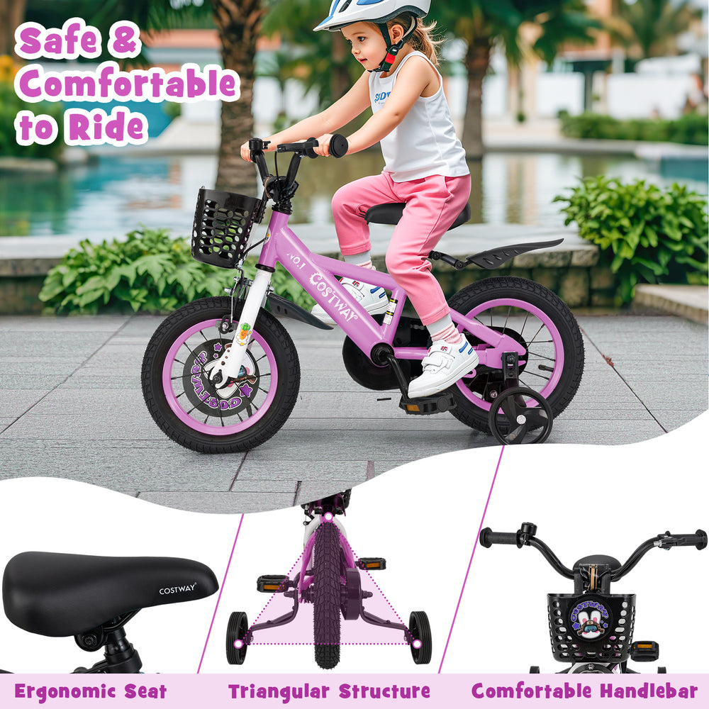Kids' 12-inch bike with adjustable handlebar, ergonomic seat, and removable training wheels for stability and comfort.