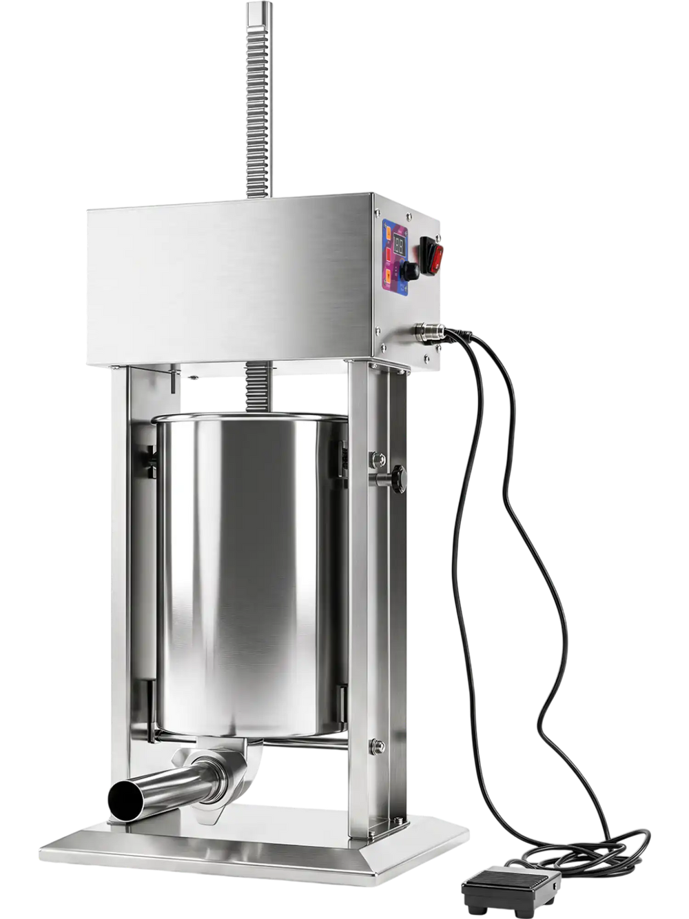 Electric sausage stuffer with 12L capacity, stainless steel tubes, and foot pedal for easy operation and speed control.