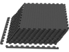 Black 12-piece puzzle exercise floor mats made of EVA foam, ideal for home workouts and easy to clean.