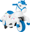 Unicorn ride-on toy with training wheels in navy, featuring dual motors, music function, and comfortable seat for kids.