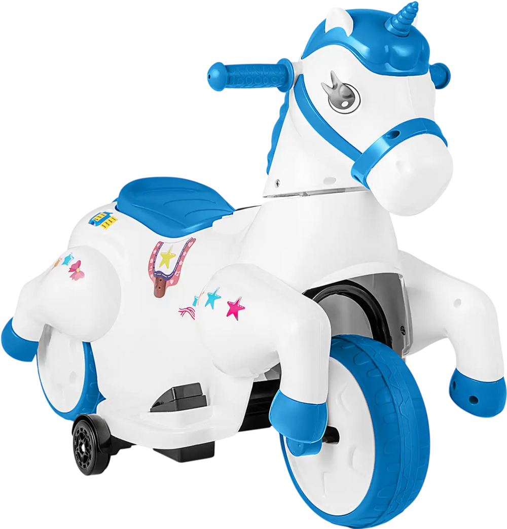 Unicorn ride-on toy with training wheels in navy, featuring dual motors, music function, and comfortable seat for kids.