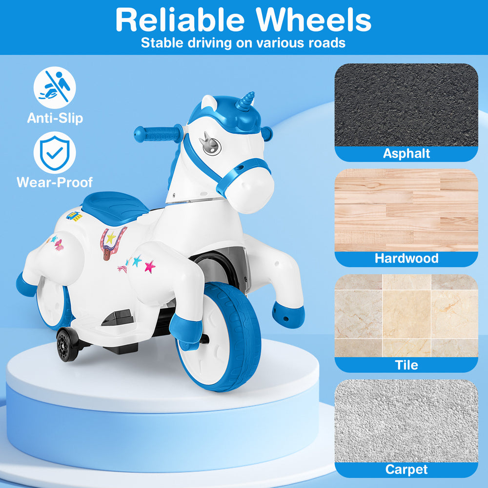 Unicorn ride-on toy with training wheels, anti-slip wheels, and dual driving modes for stable outdoor fun.