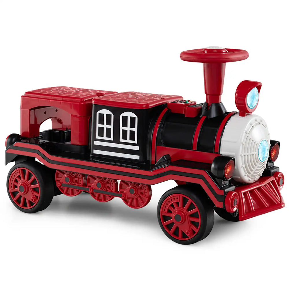 Red 12V ride-on toy train with removable chair, ideal for 2 kids, featuring lights, sounds, and anti-skid wheels.